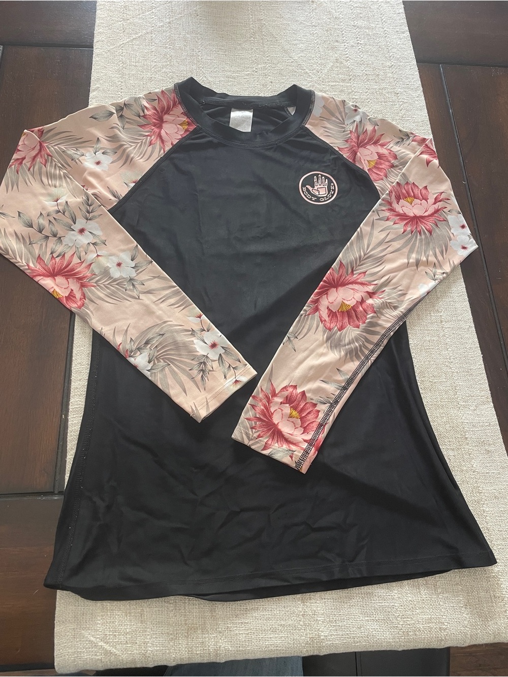 Body Guard Black Rash Guard Top with Pink Floral Sleeves